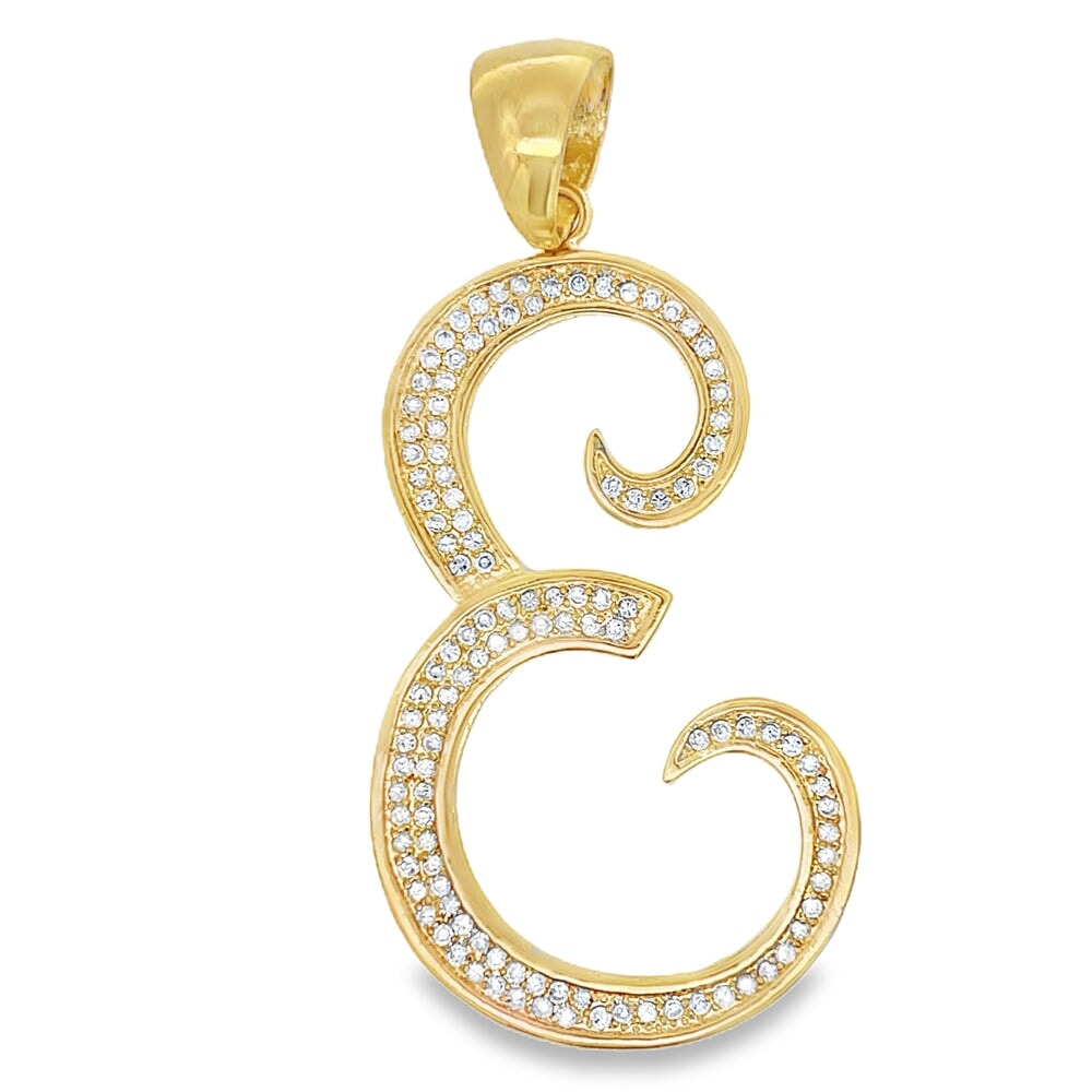 Gold Flat Cursive Initial Letter CZ Iced Out Pendant E HipHopBling