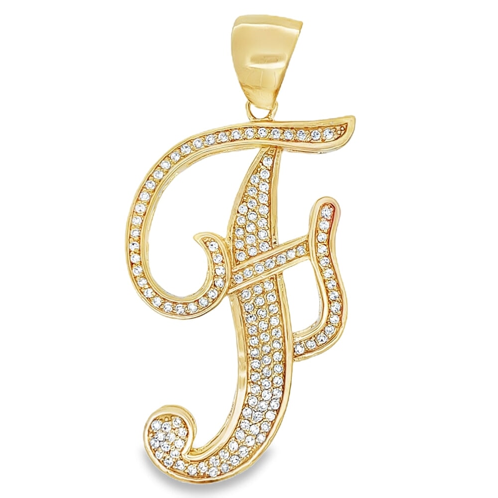 Gold Flat Cursive Initial Letter CZ Iced Out Pendant F HipHopBling