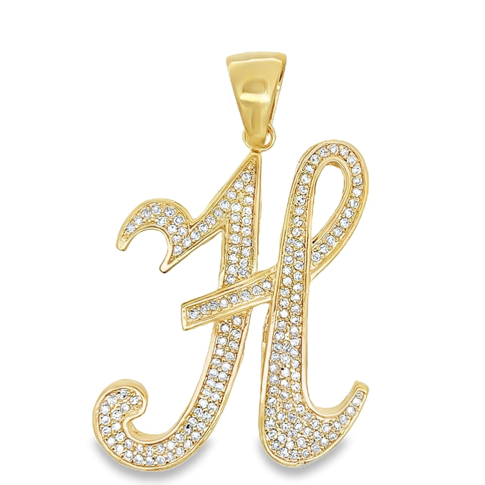 Gold Flat Cursive Initial Letter CZ Iced Out Pendant H HipHopBling