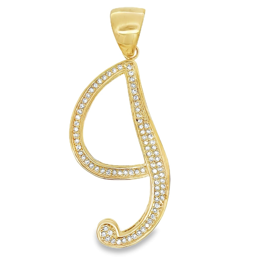 Gold Flat Cursive Initial Letter CZ Iced Out Pendant I HipHopBling