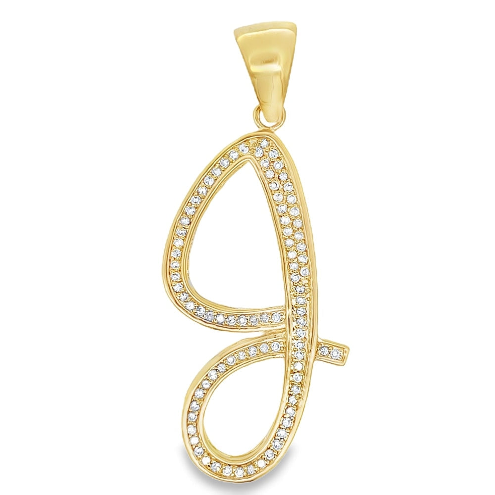 Gold Flat Cursive Initial Letter CZ Iced Out Pendant J HipHopBling