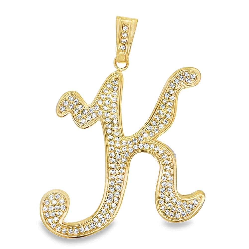 Gold Flat Cursive Initial Letter CZ Iced Out Pendant K HipHopBling