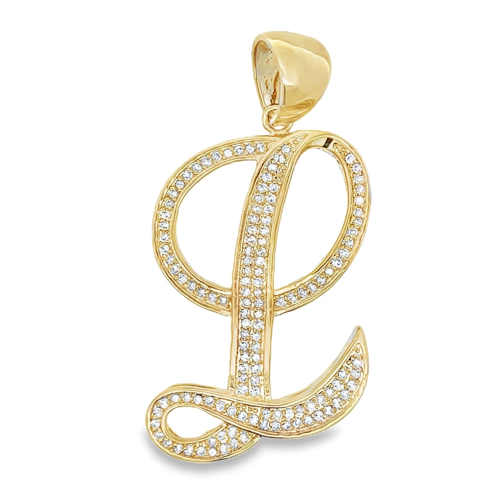 Gold Flat Cursive Initial Letter CZ Iced Out Pendant L HipHopBling