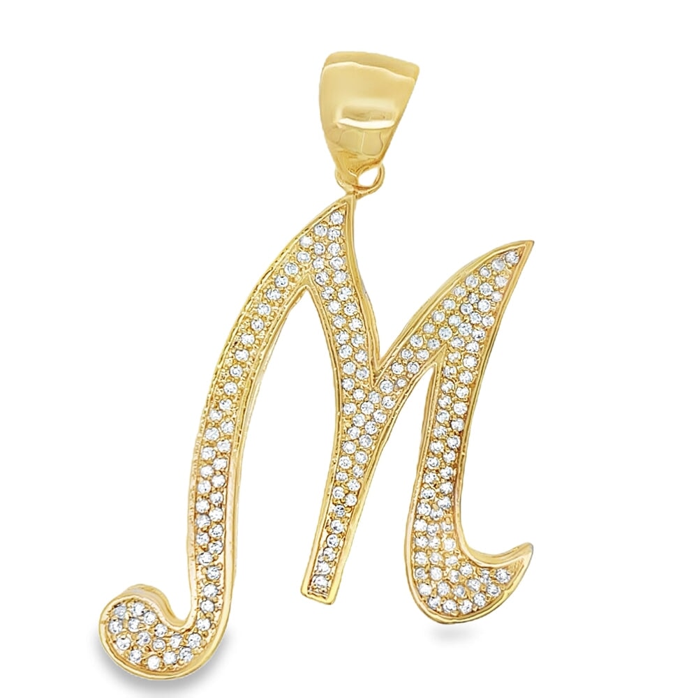 Gold Flat Cursive Initial Letter CZ Iced Out Pendant M HipHopBling