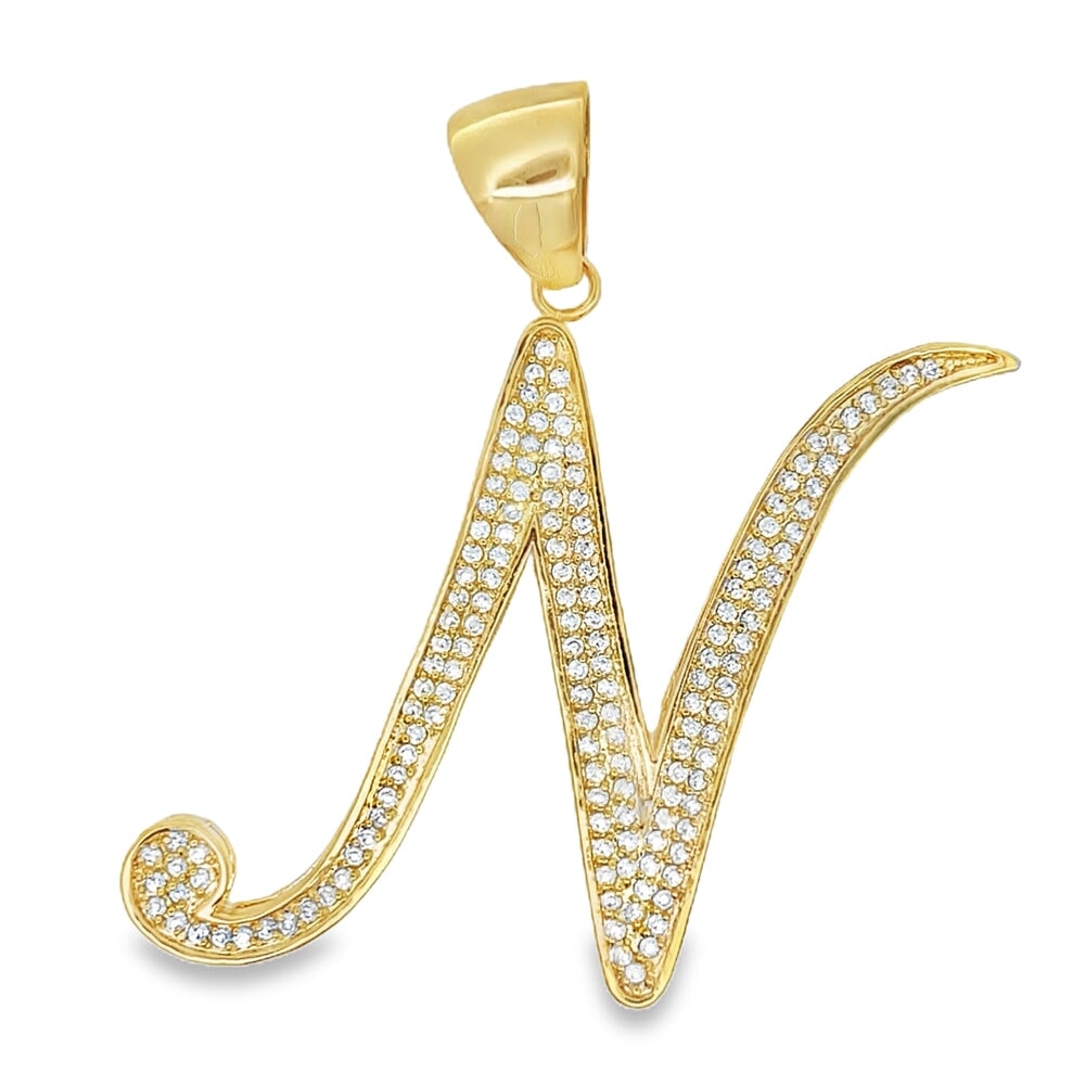 Gold Flat Cursive Initial Letter CZ Iced Out Pendant N HipHopBling