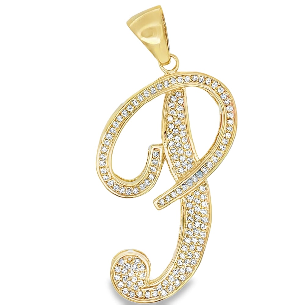 Gold Flat Cursive Initial Letter CZ Iced Out Pendant P HipHopBling