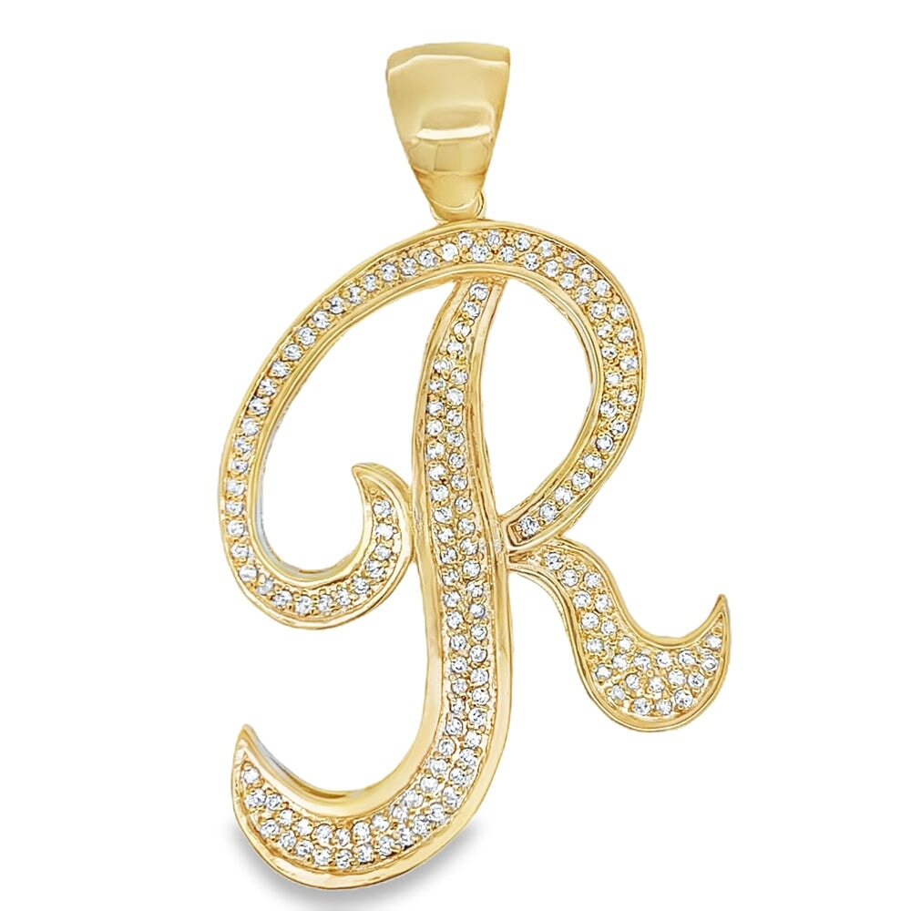 Gold Flat Cursive Initial Letter CZ Iced Out Pendant R HipHopBling