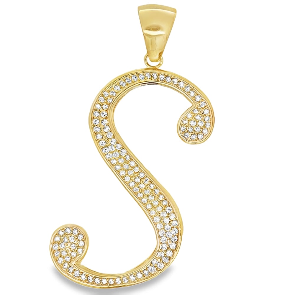 Gold Flat Cursive Initial Letter CZ Iced Out Pendant S HipHopBling