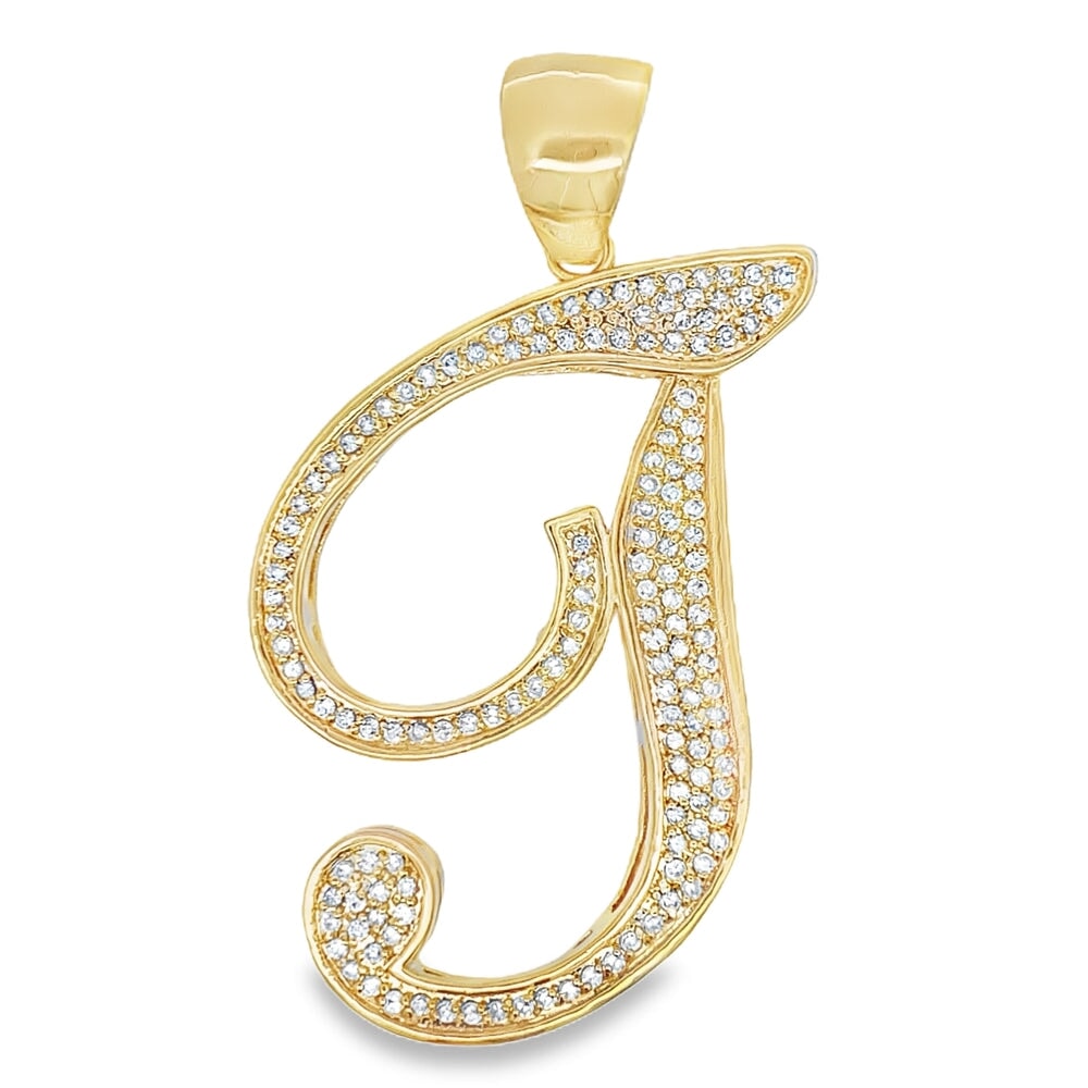 Gold Flat Cursive Initial Letter CZ Iced Out Pendant T HipHopBling