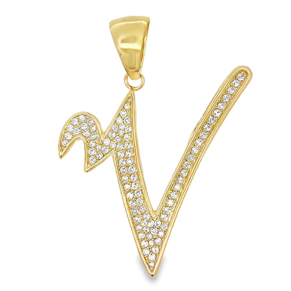 Gold Flat Cursive Initial Letter CZ Iced Out Pendant V HipHopBling