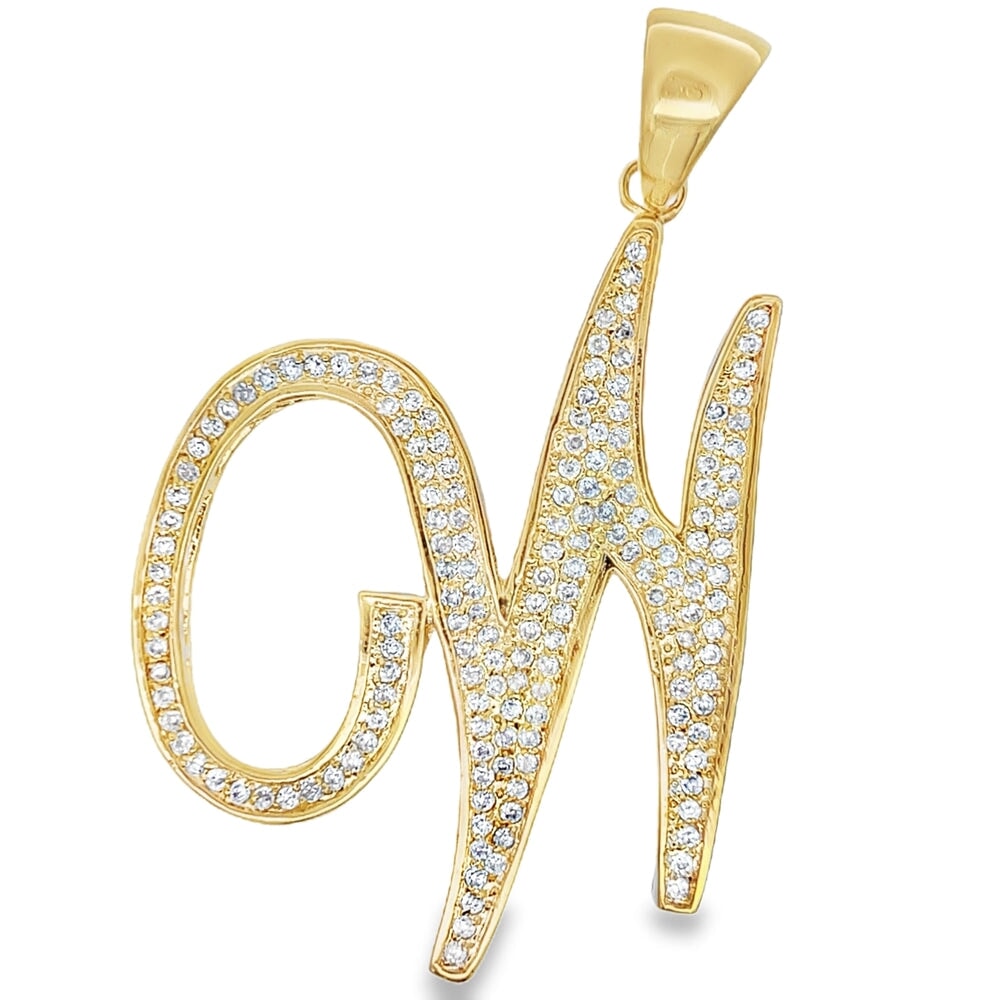 Gold Flat Cursive Initial Letter CZ Iced Out Pendant W HipHopBling