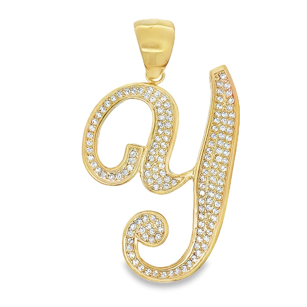 Gold Flat Cursive Initial Letter CZ Iced Out Pendant Y HipHopBling