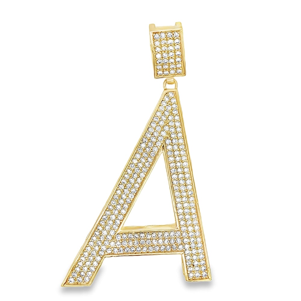 Gold Large Block Initial Letter CZ Iced Out Pendant A HipHopBling