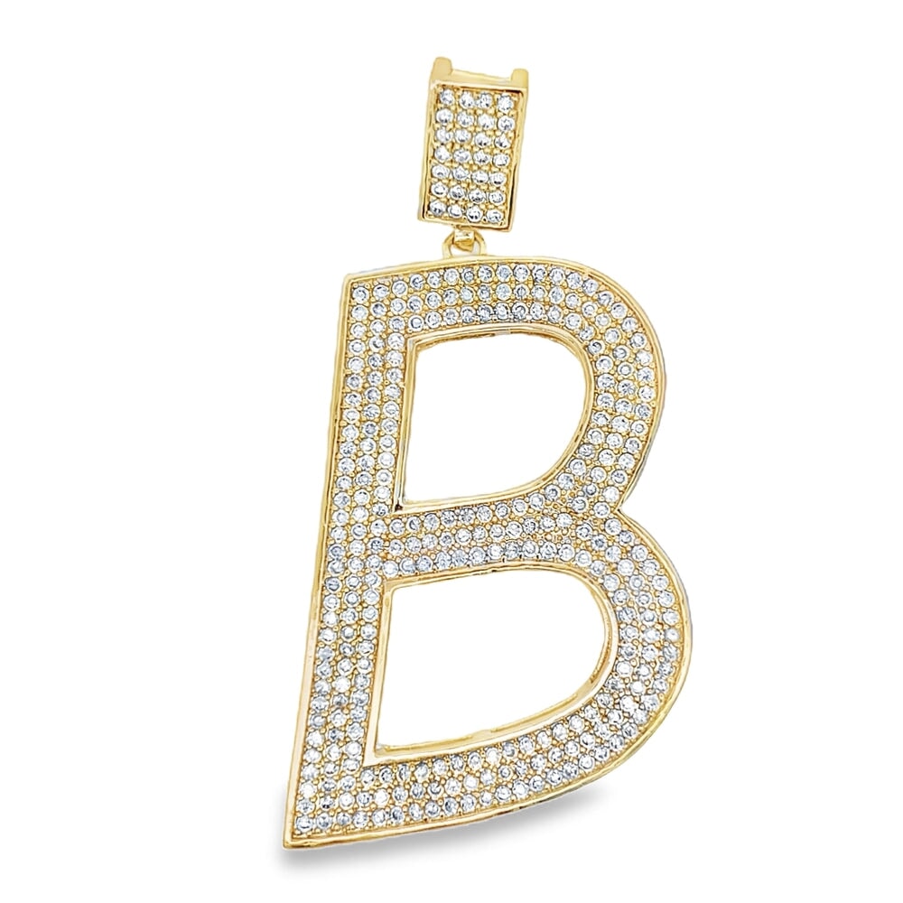 Gold Large Block Initial Letter CZ Iced Out Pendant B HipHopBling