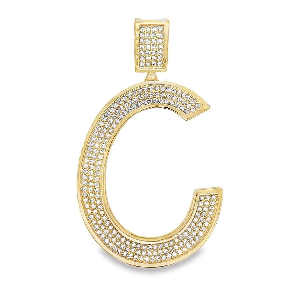 Gold Large Block Initial Letter CZ Iced Out Pendant C HipHopBling