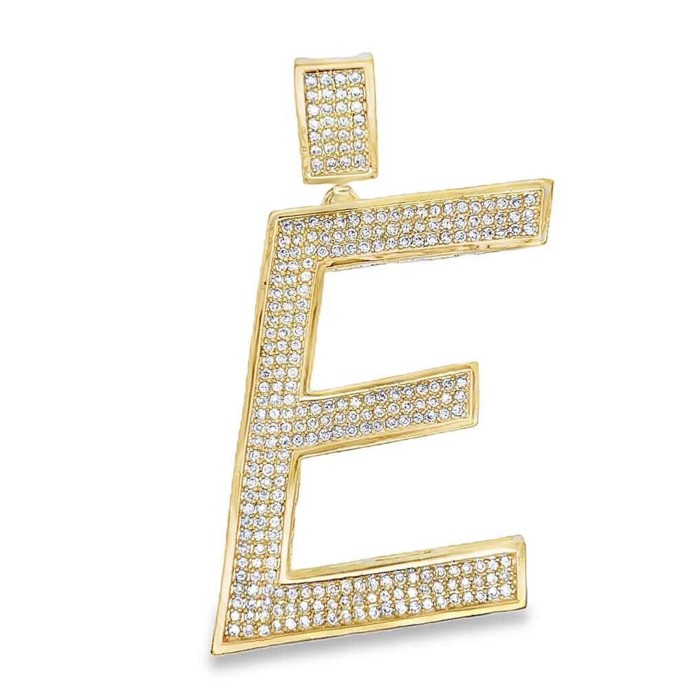 Gold Large Block Initial Letter CZ Iced Out Pendant E HipHopBling