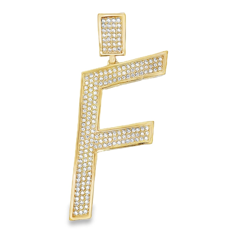 Gold Large Block Initial Letter CZ Iced Out Pendant F HipHopBling