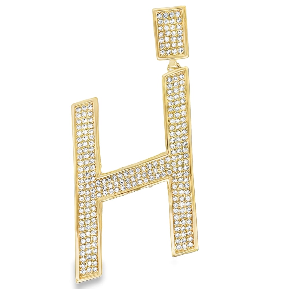 Gold Large Block Initial Letter CZ Iced Out Pendant H HipHopBling