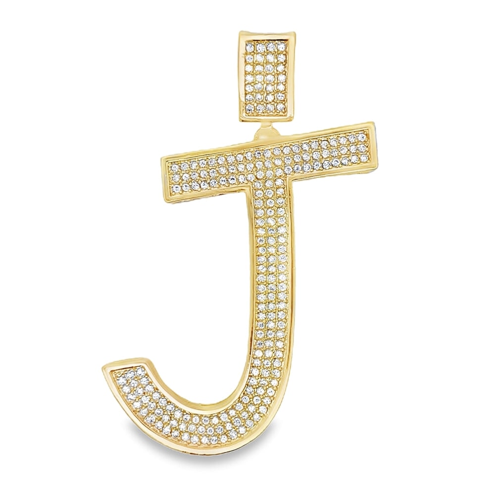 Gold Large Block Initial Letter CZ Iced Out Pendant J HipHopBling