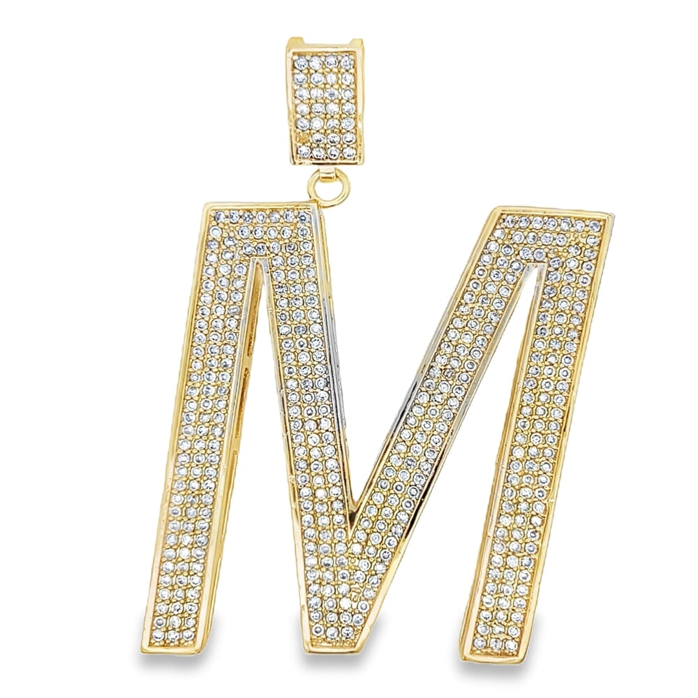 Gold Large Block Initial Letter CZ Iced Out Pendant M HipHopBling