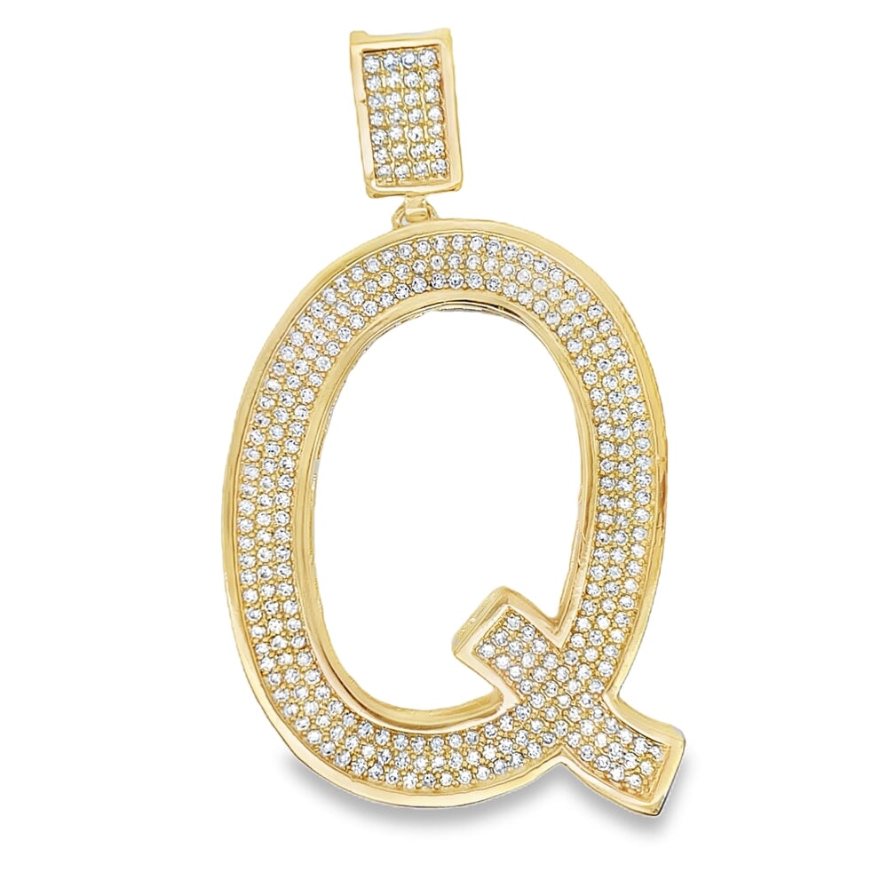 Gold Large Block Initial Letter CZ Iced Out Pendant Q HipHopBling