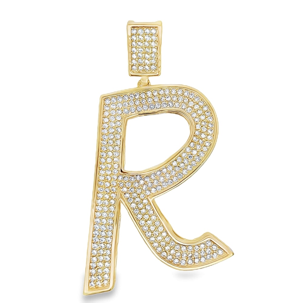 Gold Large Block Initial Letter CZ Iced Out Pendant R HipHopBling