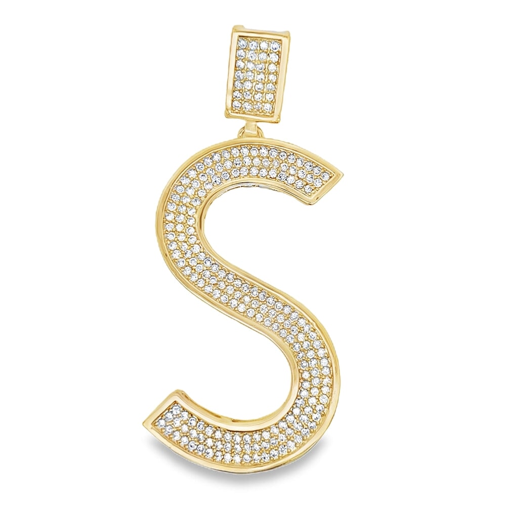 Gold Large Block Initial Letter CZ Iced Out Pendant S HipHopBling