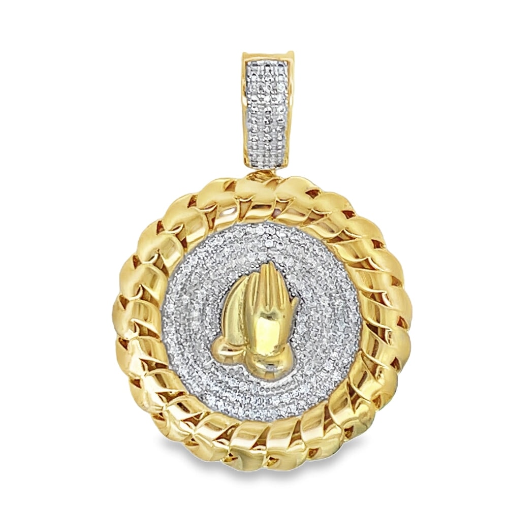 Gold Prayer Hands Cuban Medallion CZ Pendant .925 Sterling Silver HipHopBling