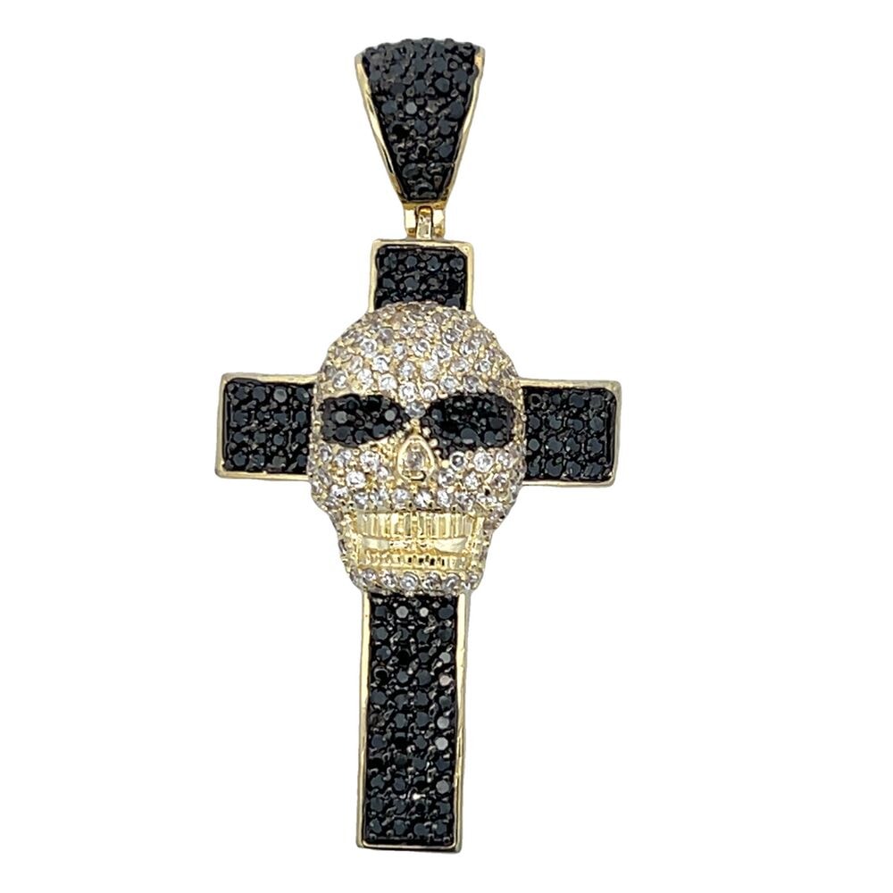 Gold Skull Cross Black CZ Iced Out Pendant HipHopBling