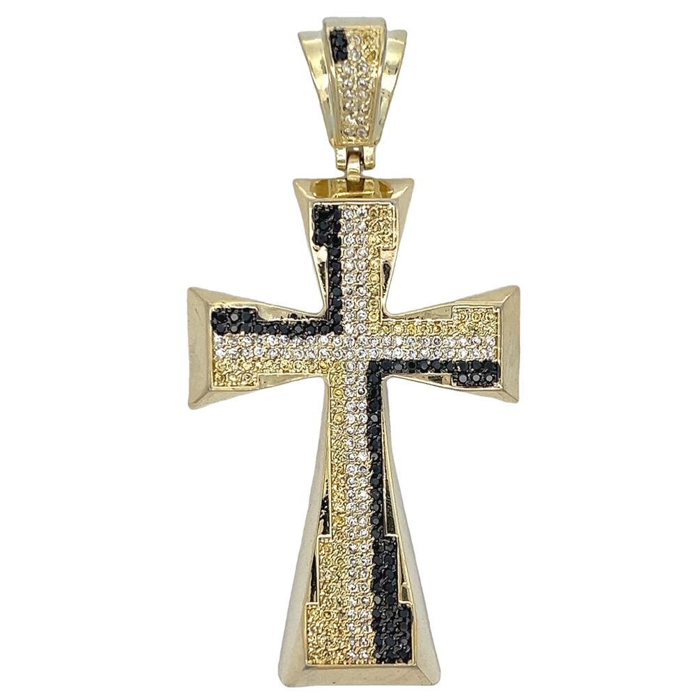 Gold Tapered Cross White Black & Yellow CZ Iced Out Pendant HipHopBling