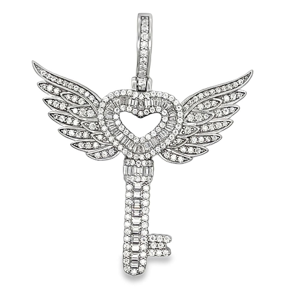 Heart Key w/ Wings Baguette Iced Out Moissanite Pendant .925 Silver HipHopBling