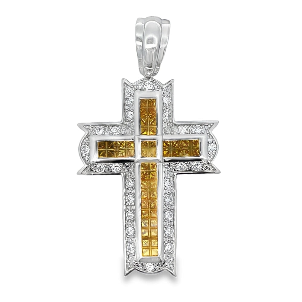 Imperial Cross Canary & White CZ Pendant .925 Sterling Silver HipHopBling