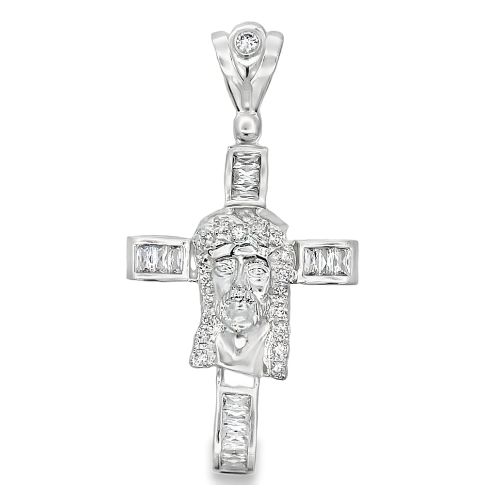 Jesus Face Baguette Cross CZ Pendant .925 Sterling Silver HipHopBling