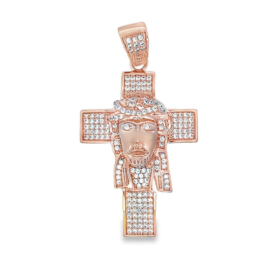 Jesus Face on Cross Rose Gold Pave CZ Iced Out Pendant HipHopBling