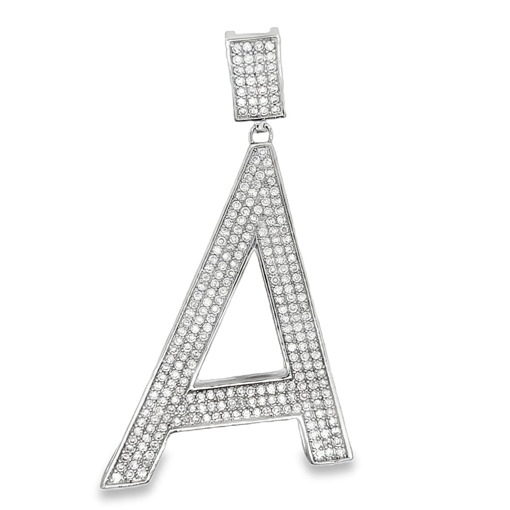 Large Block Initial Letter White CZ Iced Out Pendant A HipHopBling