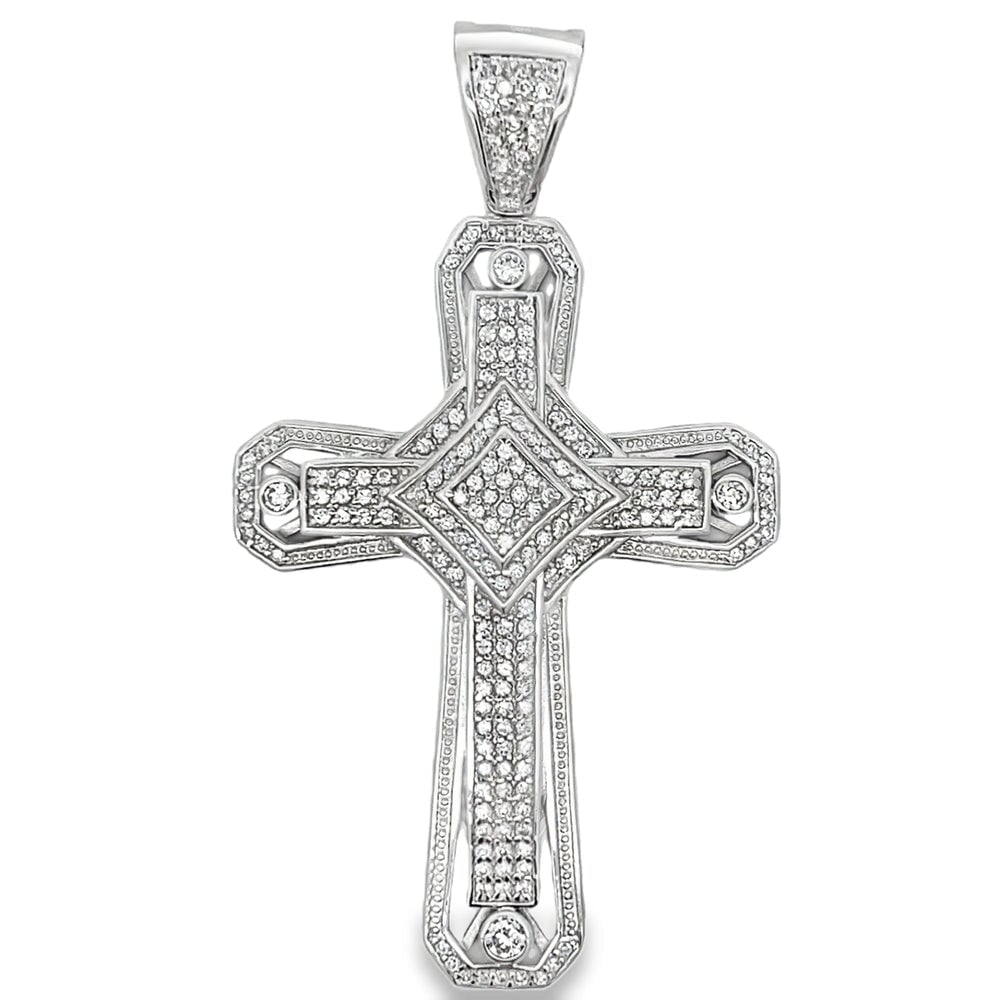 Large Fancy Cross CZ Pendant .925 Sterling Silver HipHopBling