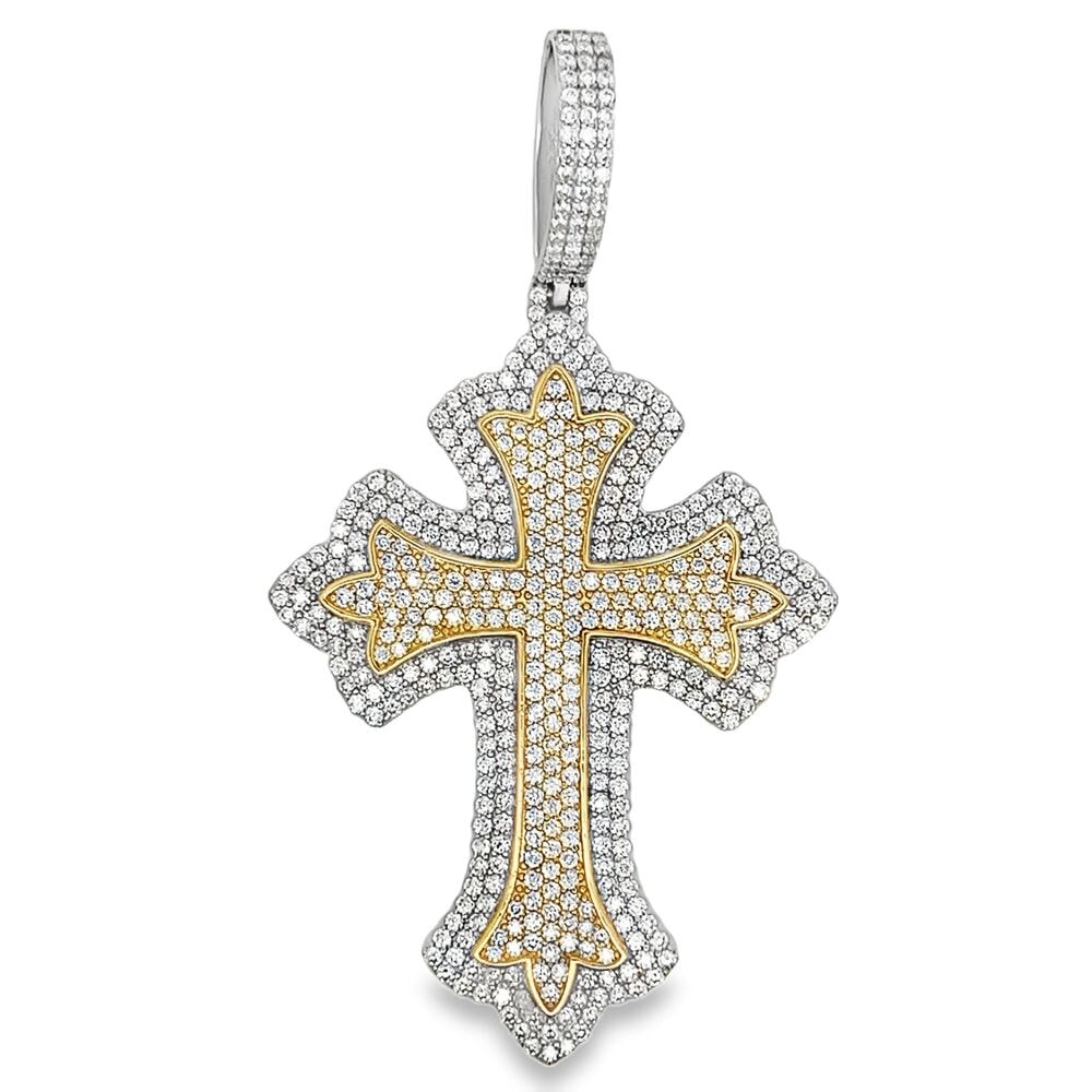 Large Gothic Cross Iced Out Moissanite Pendant .925 Sterling Silver 2 Tone Yellow/White HipHopBling