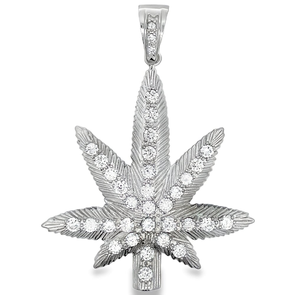 Marijuana Pot Leaf CZ Pendant .925 Sterling Silver HipHopBling