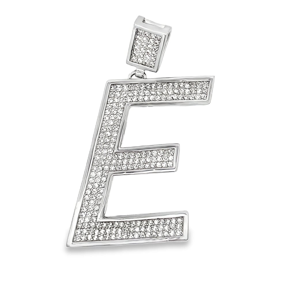 Medium Block Initial Letter White CZ Iced Out Pendant E HipHopBling