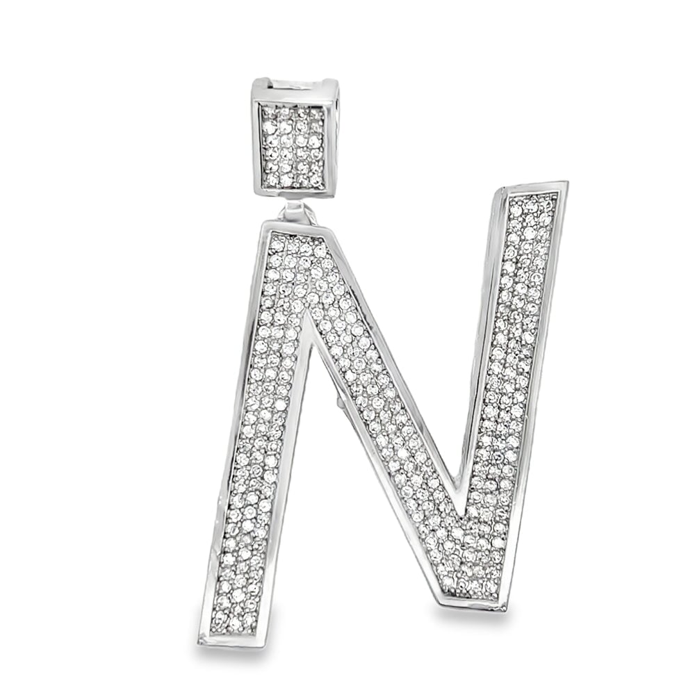 Medium Block Initial Letter White CZ Iced Out Pendant N HipHopBling