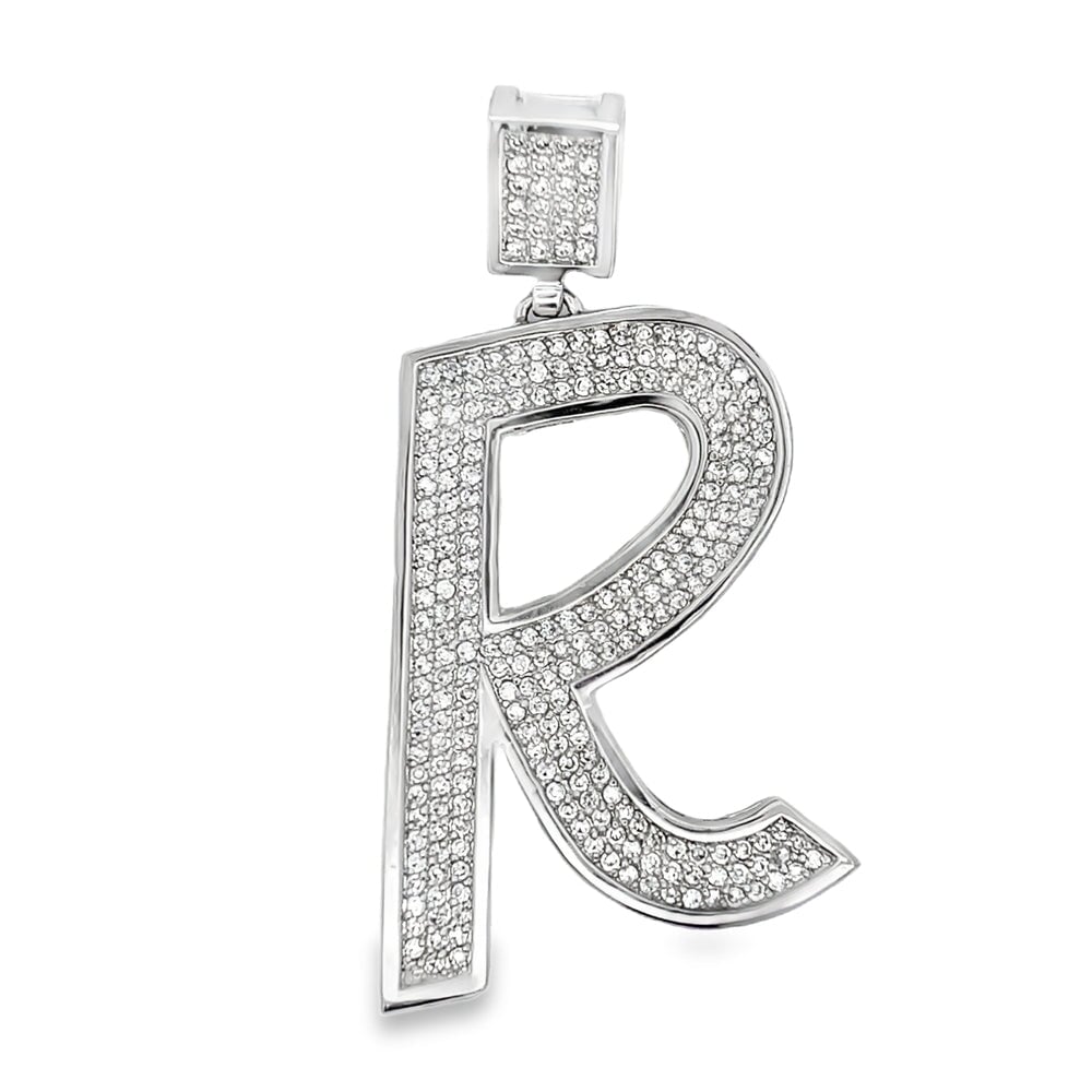 Medium Block Initial Letter White CZ Iced Out Pendant R HipHopBling