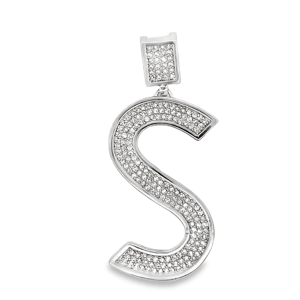 Medium Block Initial Letter White CZ Iced Out Pendant S HipHopBling