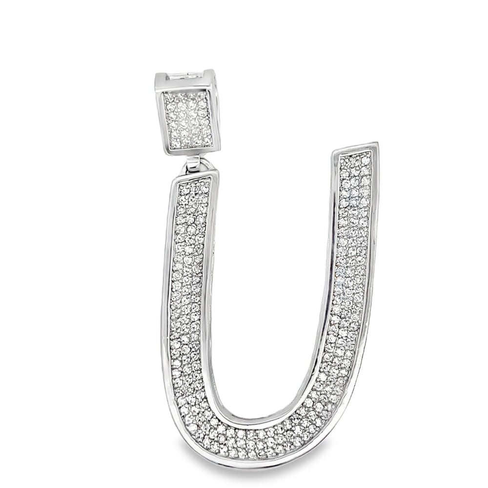 Medium Block Initial Letter White CZ Iced Out Pendant U HipHopBling