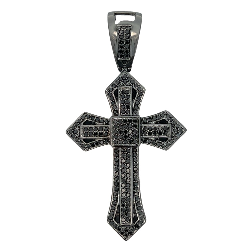 Pointed Black Cross CZ Pendant .925 Sterling Silver HipHopBling