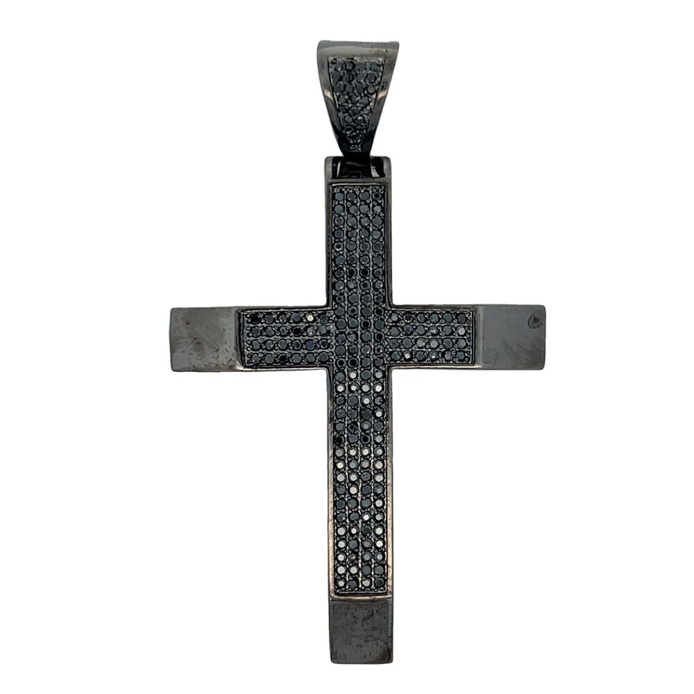 Polished 4 Row Cross Black on Black CZ Iced Out Pendant HipHopBling