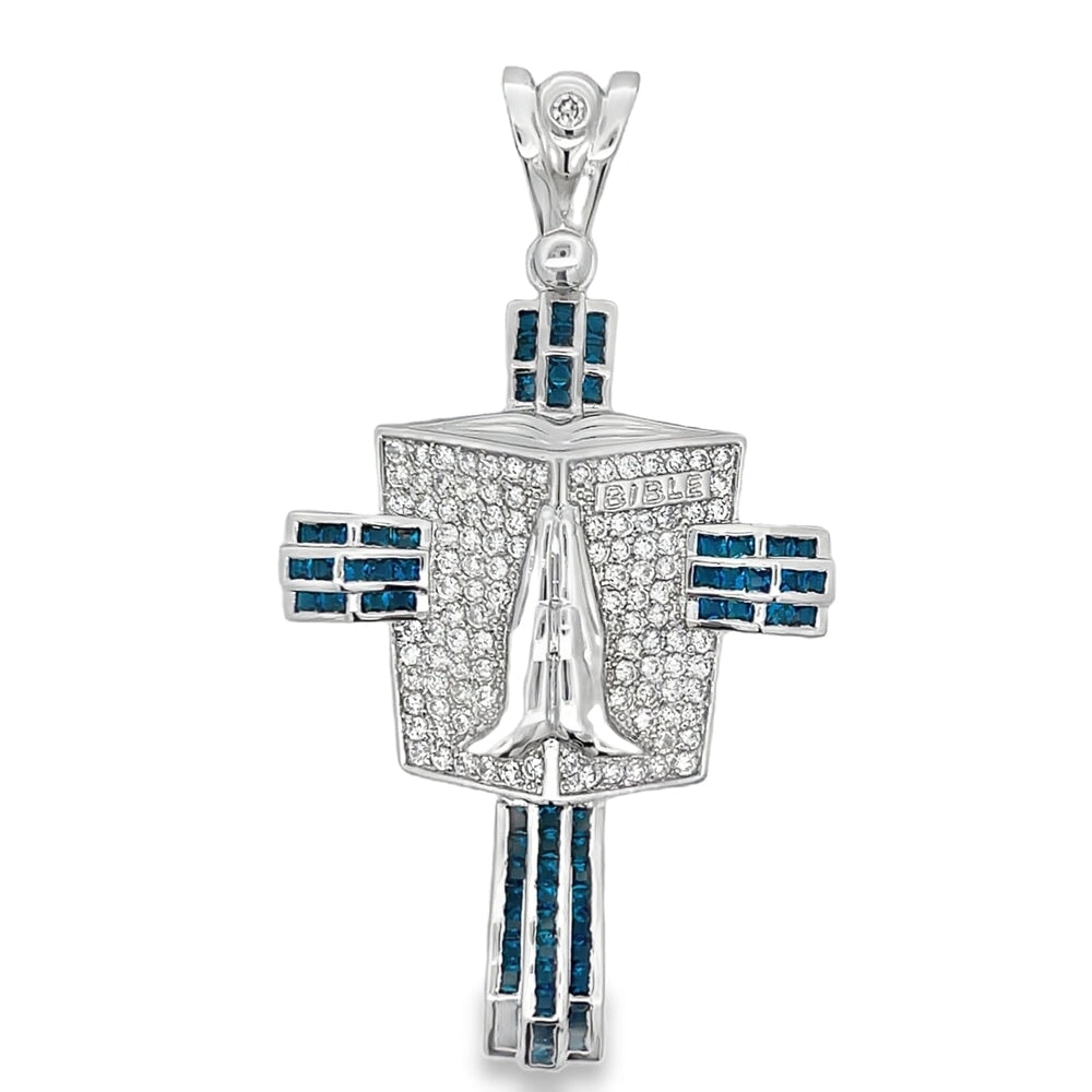 Prayer Bible Blue Baguette Cross CZ Pendant .925 Sterling Silver HipHopBling