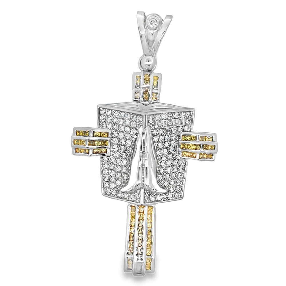 Prayer Bible Canary Baguette Cross CZ Pendant .925 Sterling Silver HipHopBling