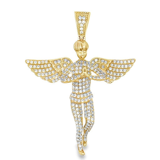 Praying Cherub Angel CZ Pendant .925 Sterling Silver Yellow Gold HipHopBling