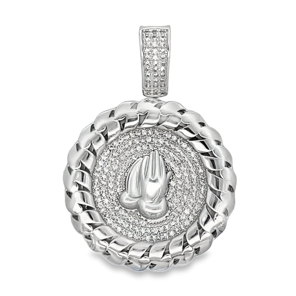 Praying Hands Cuban Medallion CZ Pendant .925 Sterling Silver HipHopBling