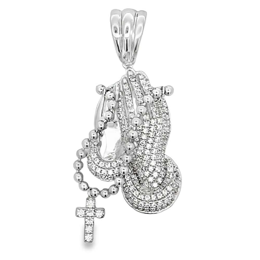 Praying Hands Rosary Pendant .925 Sterling Silver White Gold HipHopBling